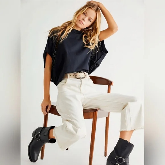 Free People Rough Around The Edge Top Black Dolman Sleeves Crochet Grommet Large - Picture 2 of 12